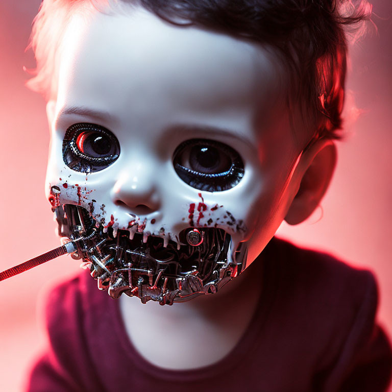 Child with Robotic Lower Face and Metallic Teeth on Red Background