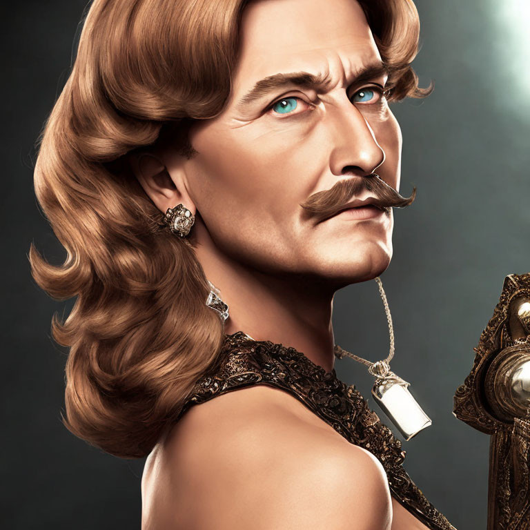 Portrait of a person with stylized mustache, blue eyes, and vintage attire