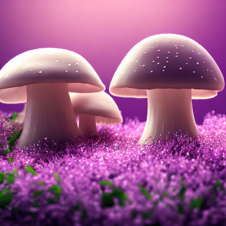 White Mushrooms Surrounded by Purple Flowers on Softly Lit Background