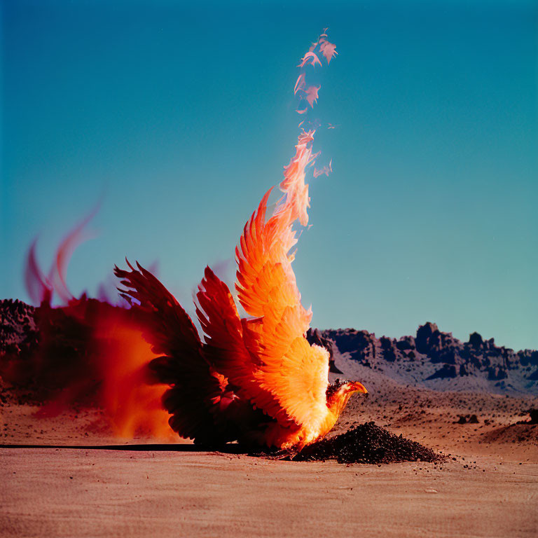 Colorful Phoenix Rising from Ashes in Desert Landscape