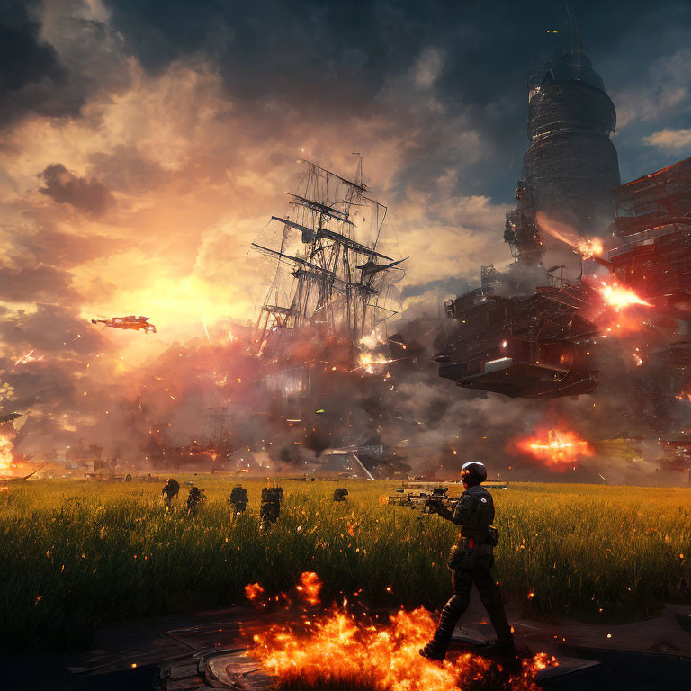 Futuristic battle scene with towering ships, explosions, and fiery landscape