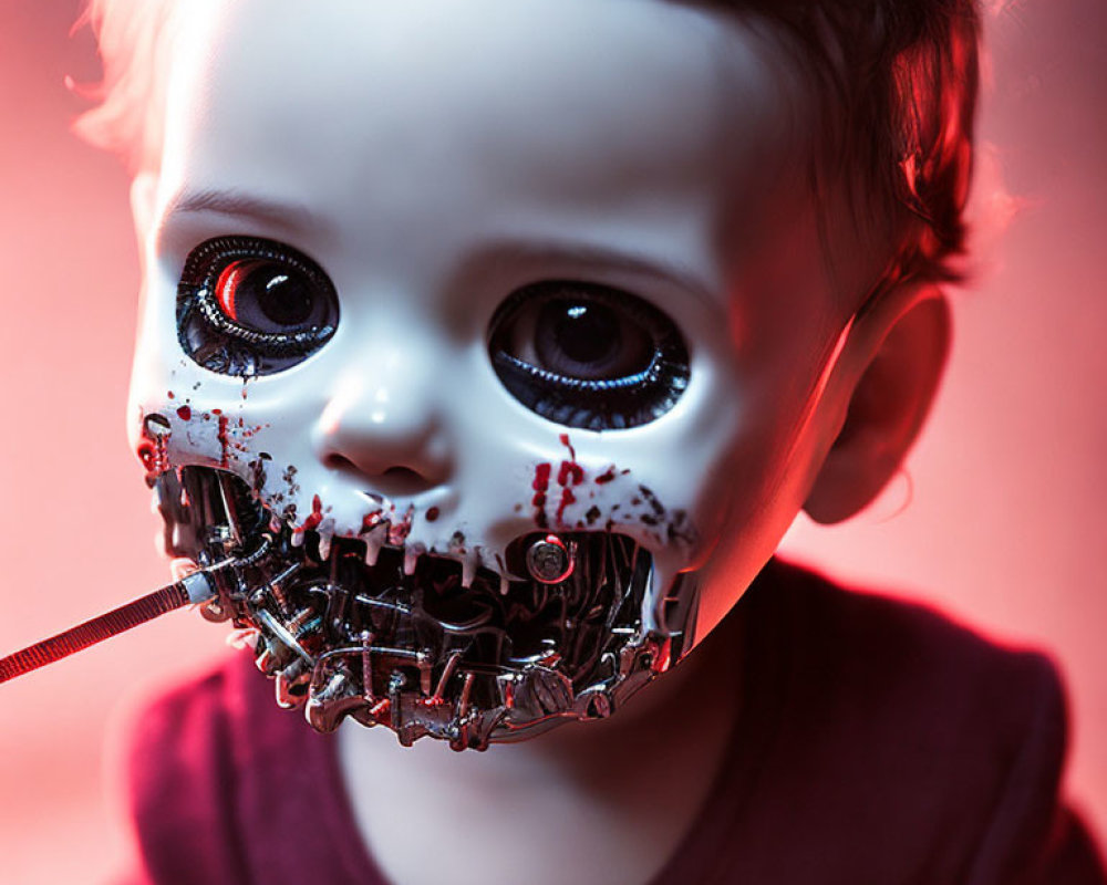 Child with Robotic Lower Face and Metallic Teeth on Red Background