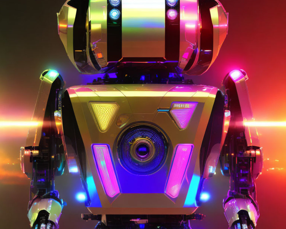 Colorful illuminated futuristic robot with chest speaker on red and yellow backdrop.