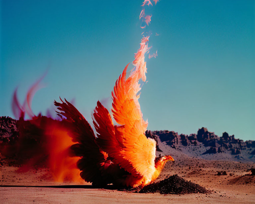 Colorful Phoenix Rising from Ashes in Desert Landscape