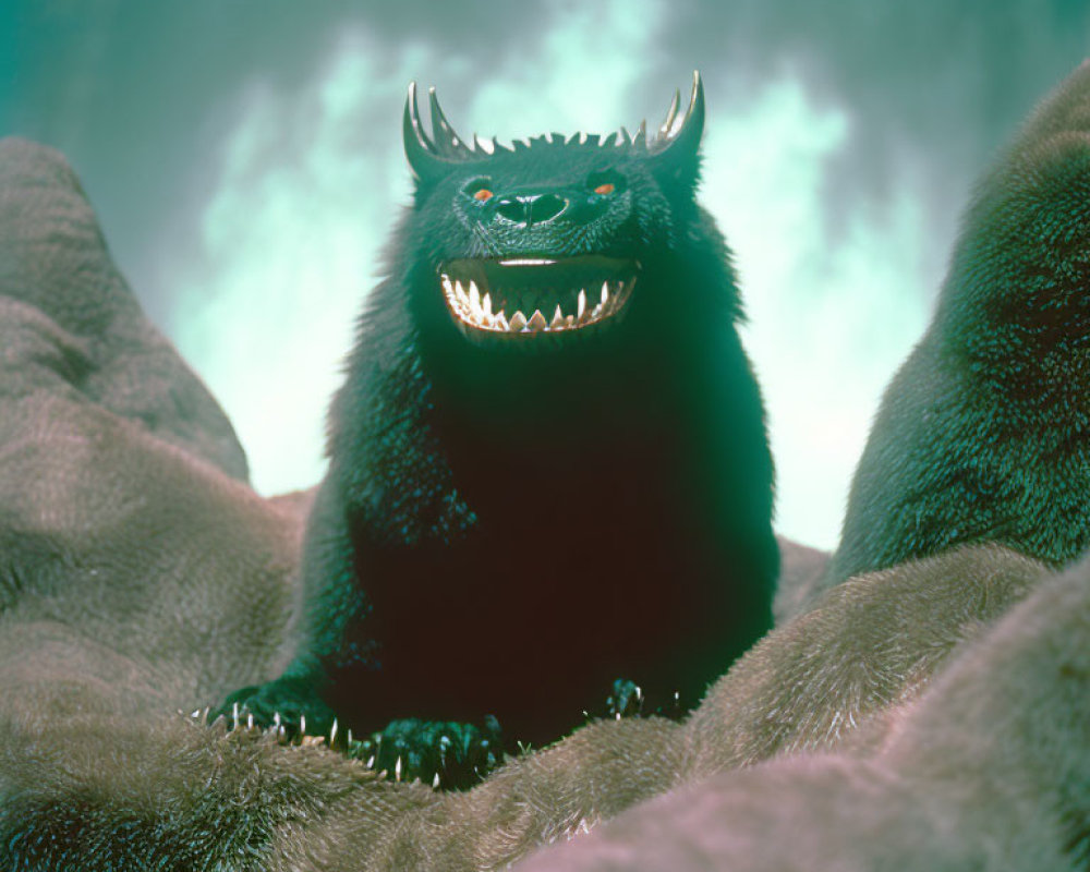 Black Creature with Sharp Teeth, Red Eyes, and Horns Emerging from Foggy Terrain