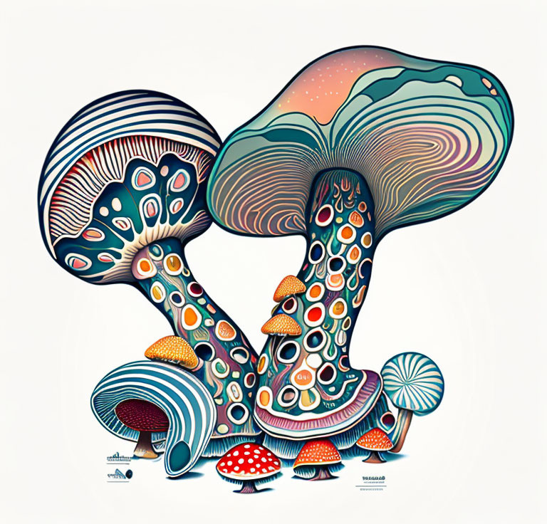 Colorful Stylized Mushroom Illustration with Intricate Patterns