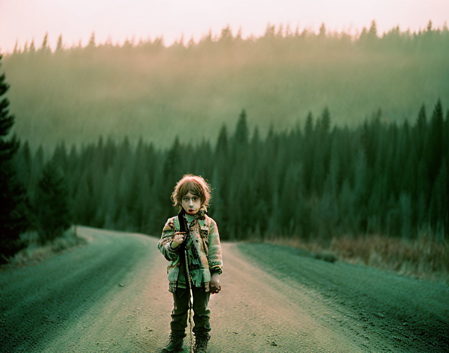 Young child on forest road at dusk with tall pine trees & mist