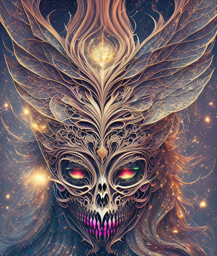 Intricate skull-faced owl creature in starry setting