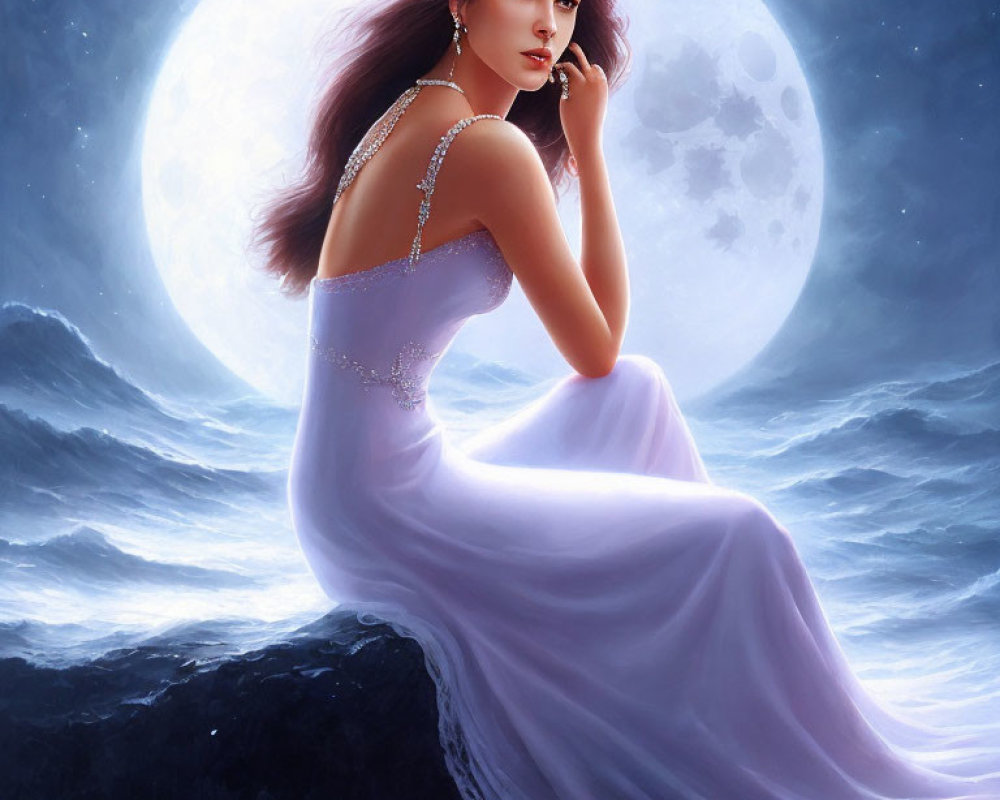 Ethereal woman in lilac gown under full moon on rocky shore