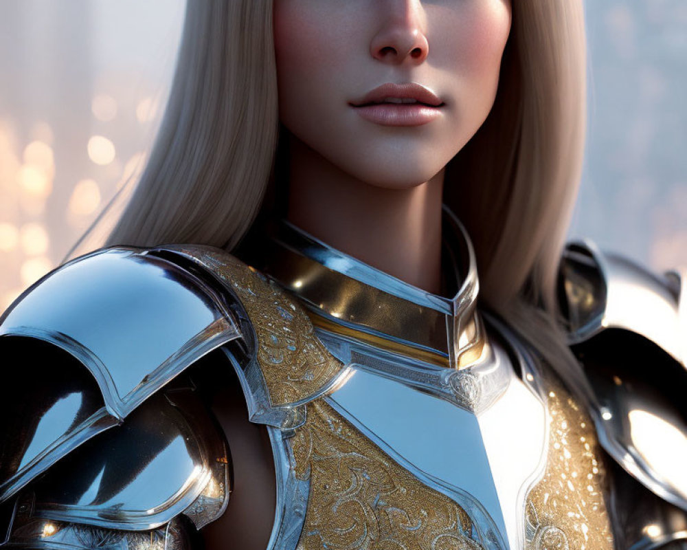Female character in ornate silver armor with gold details and blue eyes on blurred background.