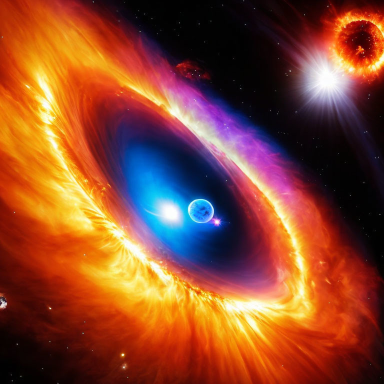 Colorful Space Scene with Black Hole and Binary Star System