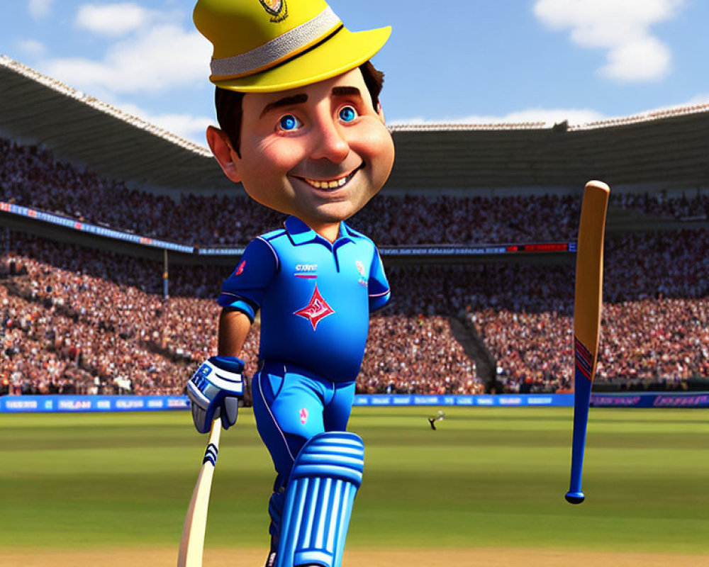 Blue cricket gear-clad animated character with bat in crowded stadium