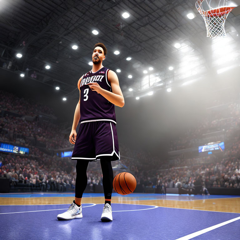 Basketball player dribbling in purple and black uniform with crowd in background