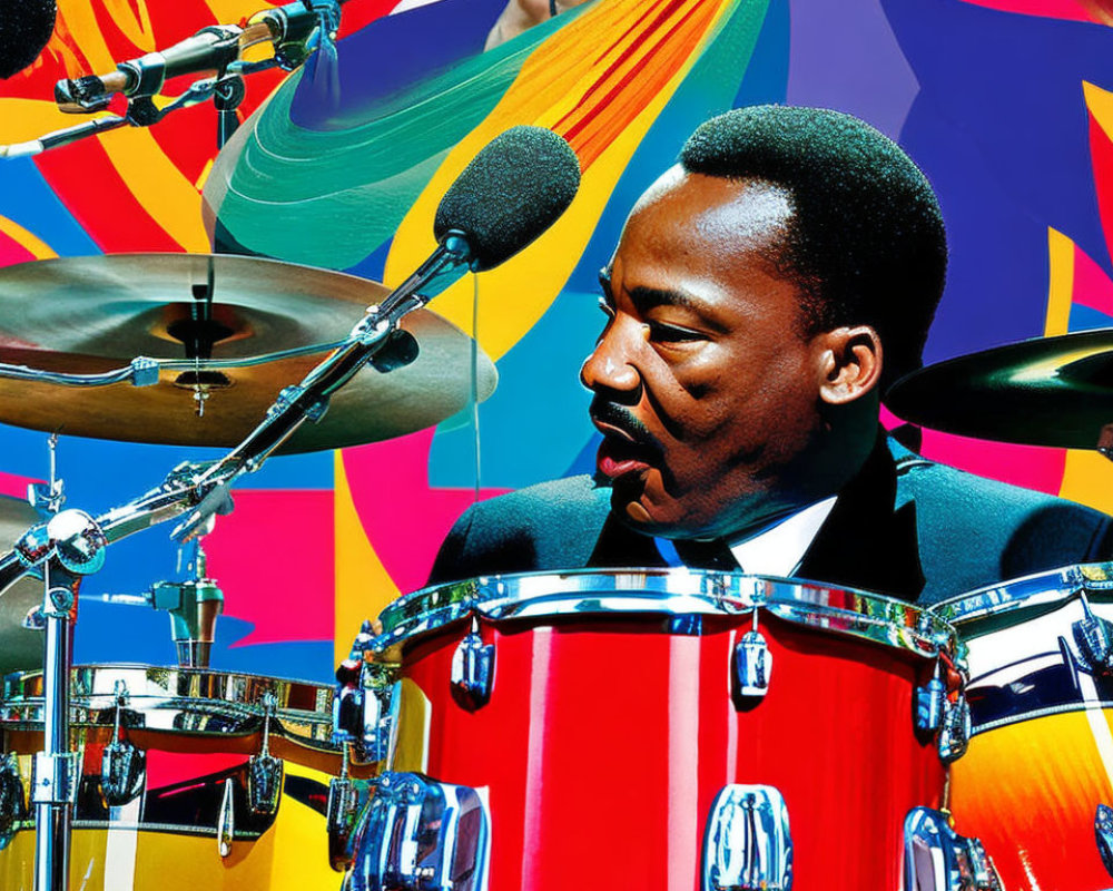 Colorful Artwork Featuring Man's Face, Abstract Background, and Drum Set
