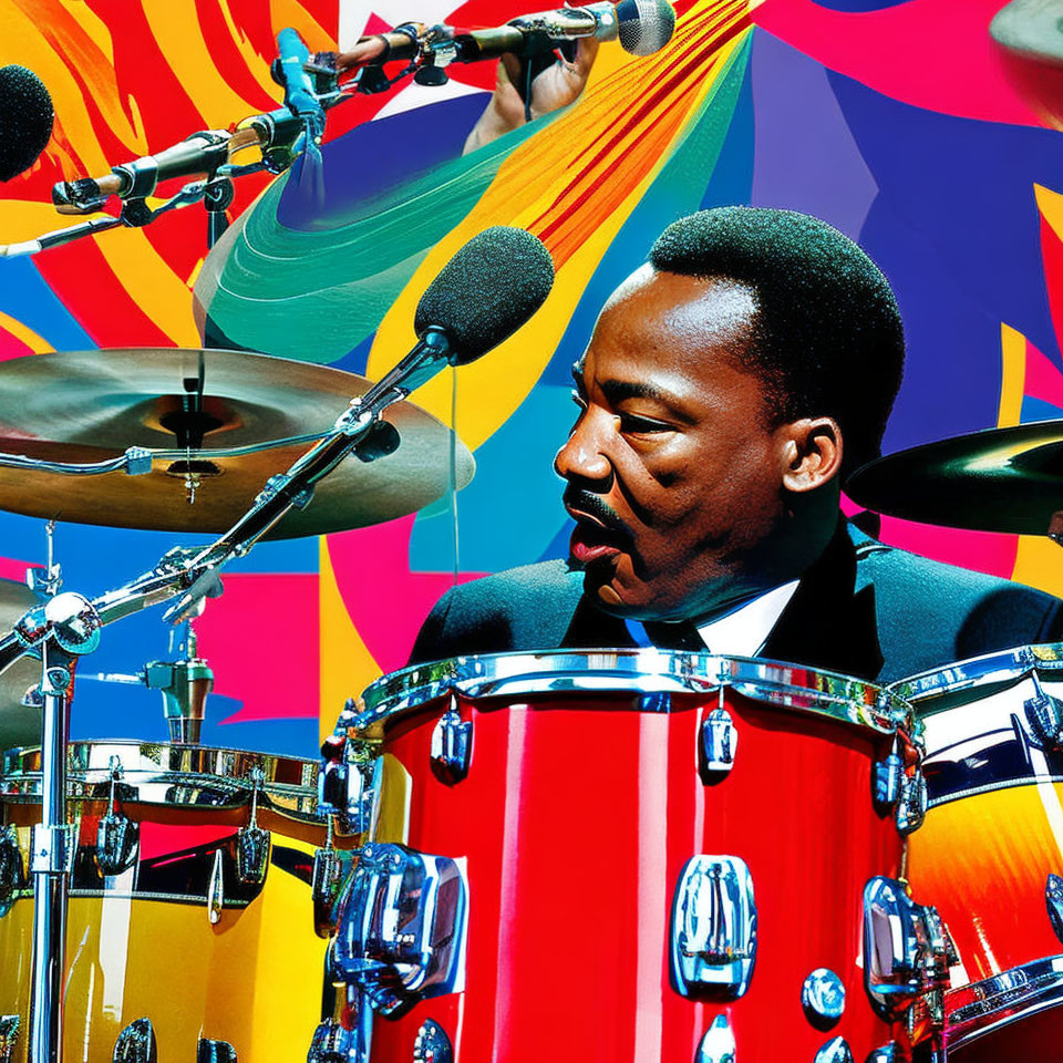Colorful Artwork Featuring Man's Face, Abstract Background, and Drum Set