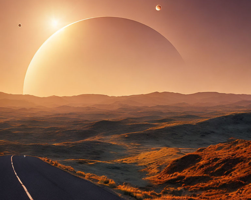 Curving road through rolling hills at sunset with large planet and celestial bodies