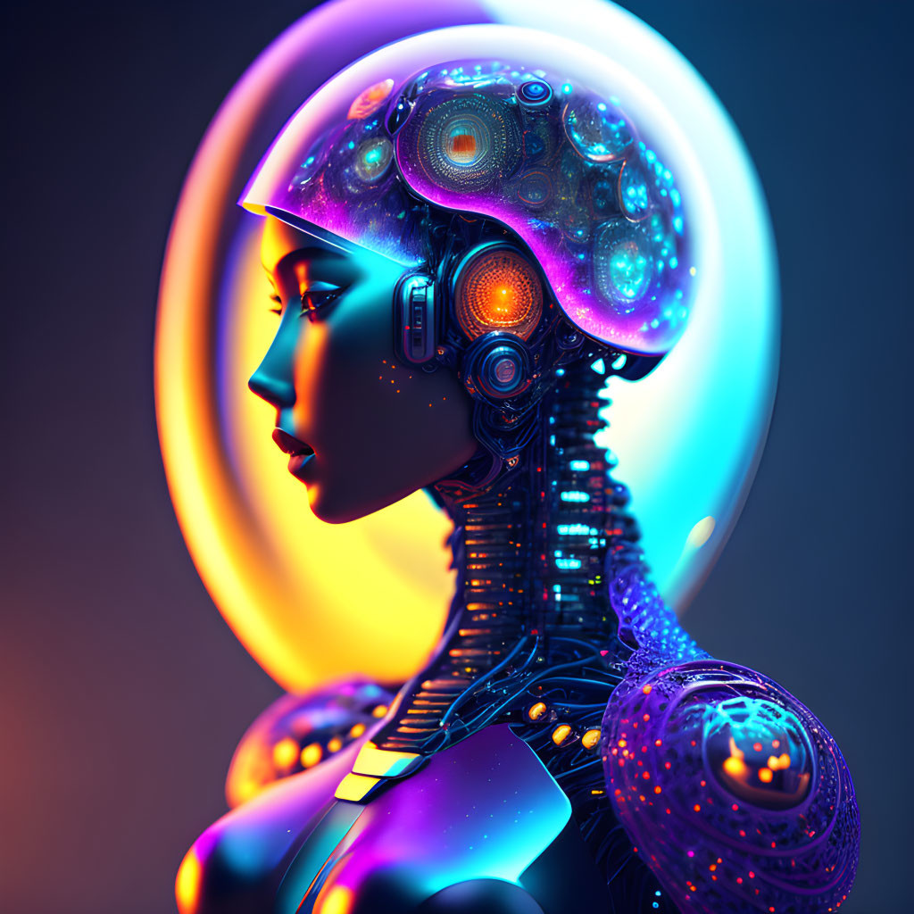Detailed futuristic female cyborg with glowing accents and halo-like light.