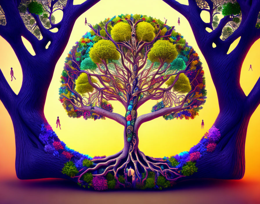 Colorful surreal artwork featuring intricate tree branches and silhouetted figures against gradient backdrop