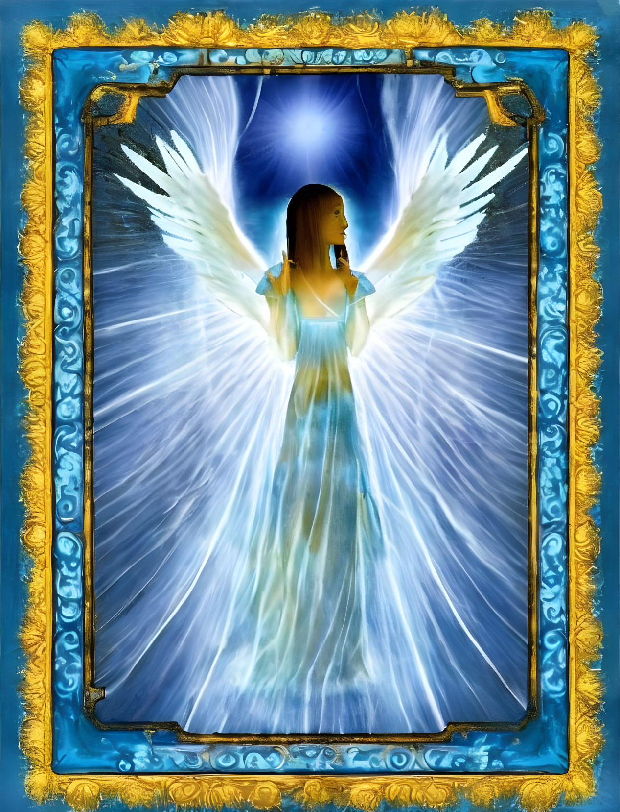Angel with outstretched wings in ornate blue frame and celestial backdrop