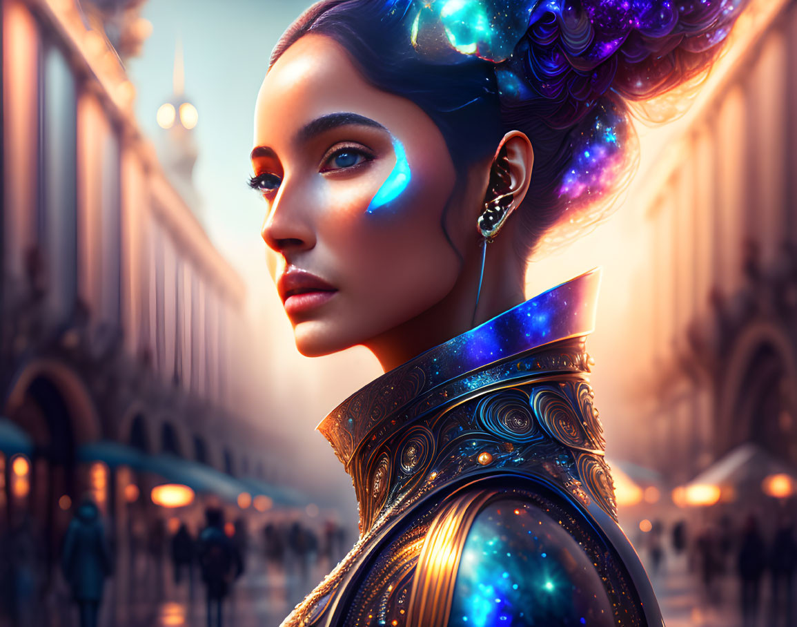 Cosmic-themed hair and makeup on woman in futuristic armor in urban street setting