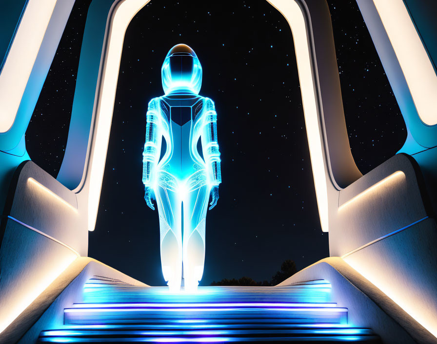 Futuristic astronaut on neon-lit stairs under starry sky