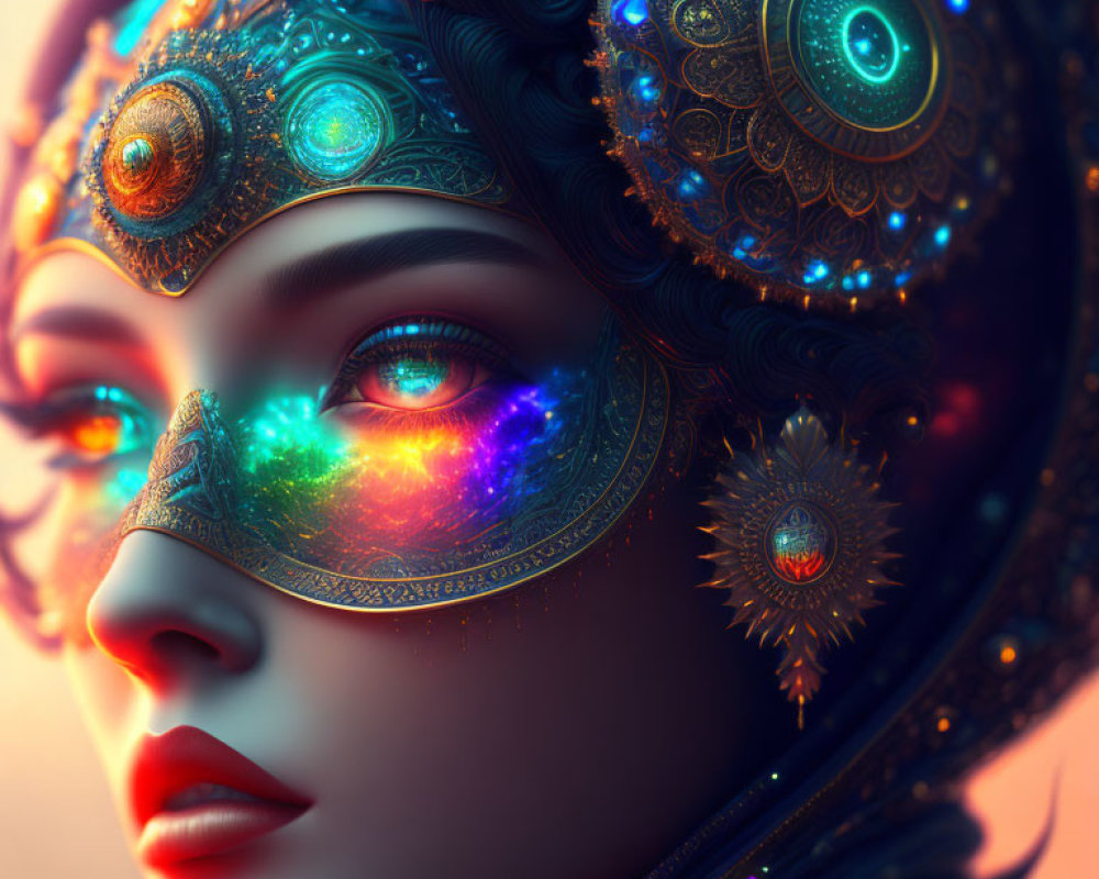 Colorful ornate mask on woman in digital artwork