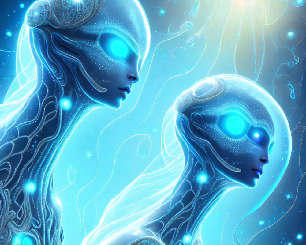 Blue humanoid figures with intricate skin patterns on starry background