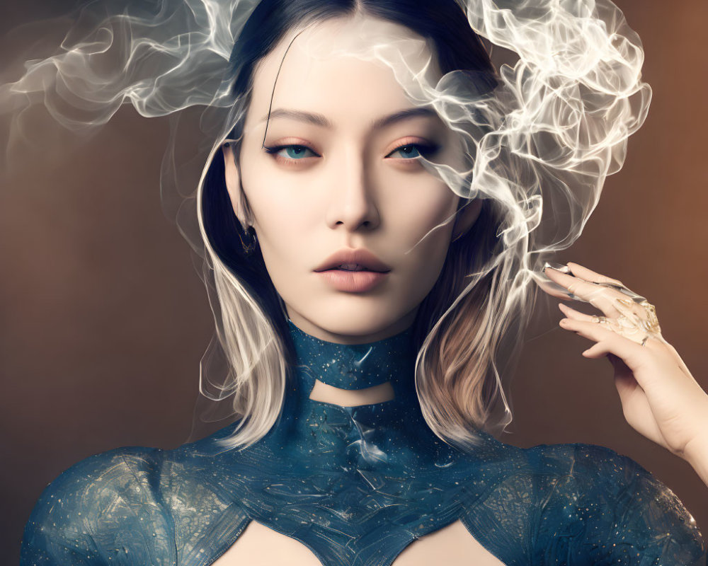 Digital Portrait of Woman with Smoke-Like Effects and Blue Outfit