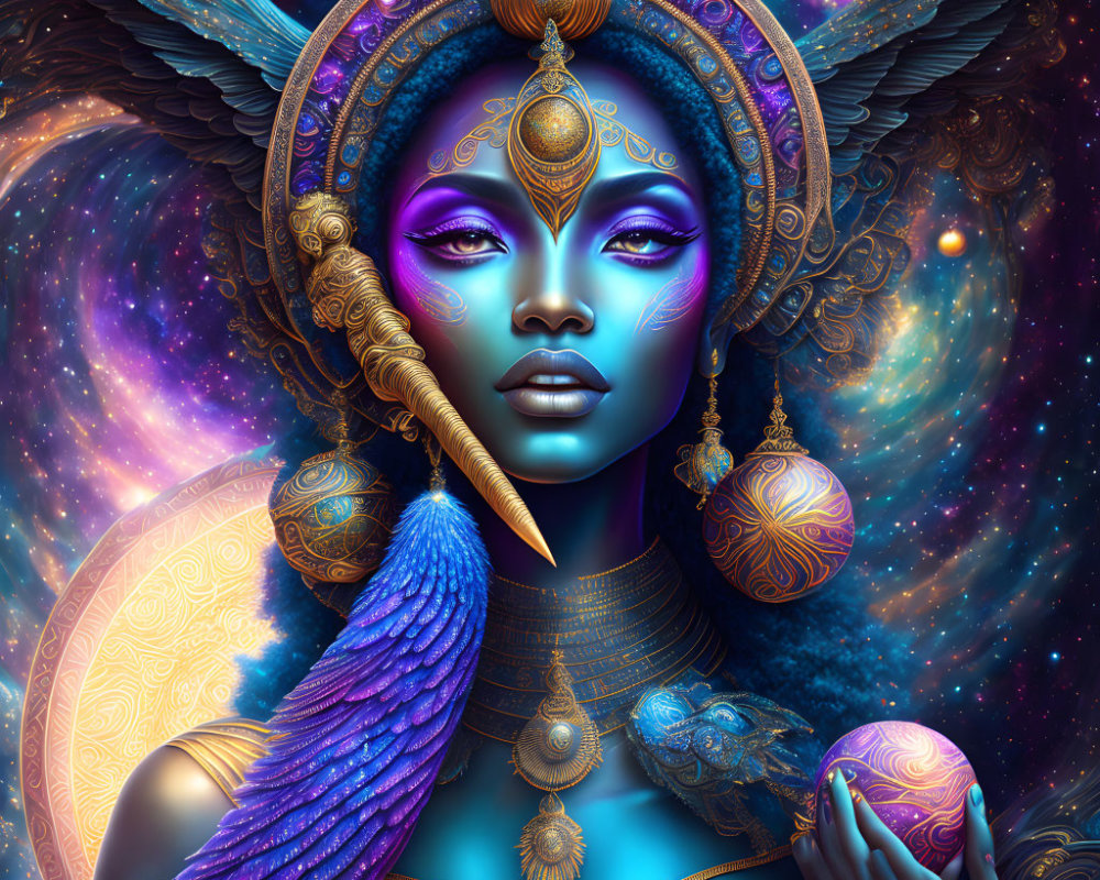 Vibrant digital art: Blue-skinned woman with golden headdress in cosmic setting