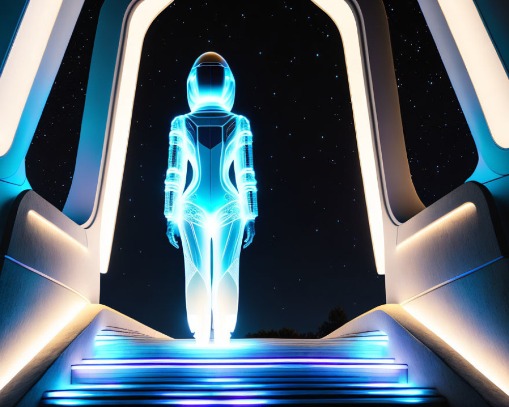 Futuristic astronaut on neon-lit stairs under starry sky