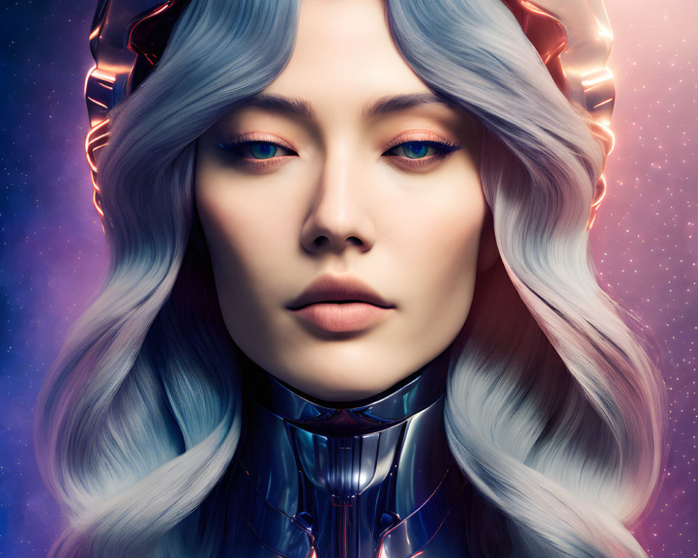 Cybernetic woman with blue hair and neon crown in cosmic setting