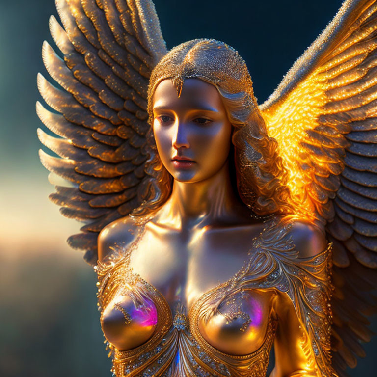 Golden Angelic Statue with Detailed Wings and Ornate Armor in Warm Glowing Light