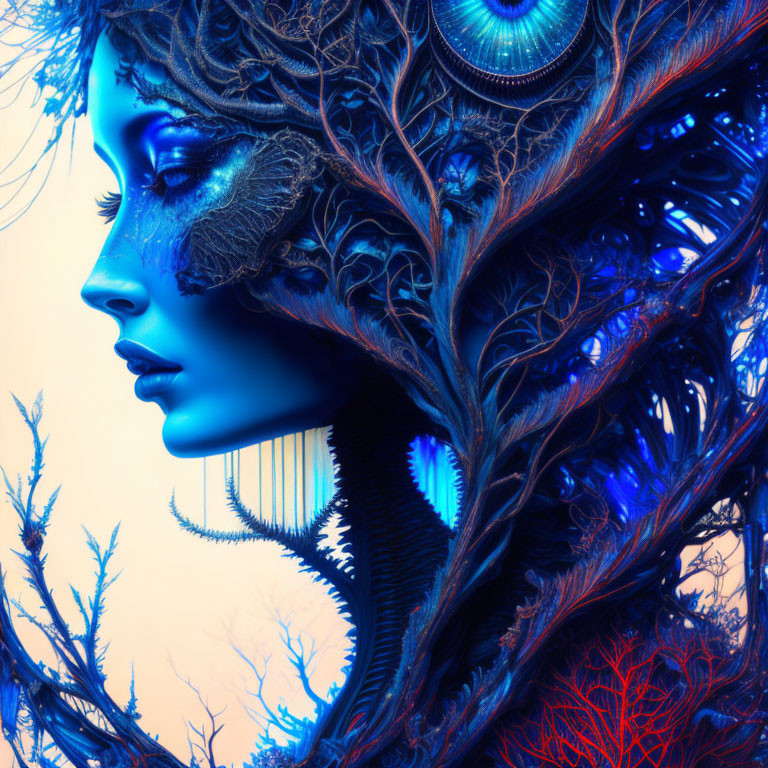 Digital artwork featuring woman with blue skin and tree-like patterns