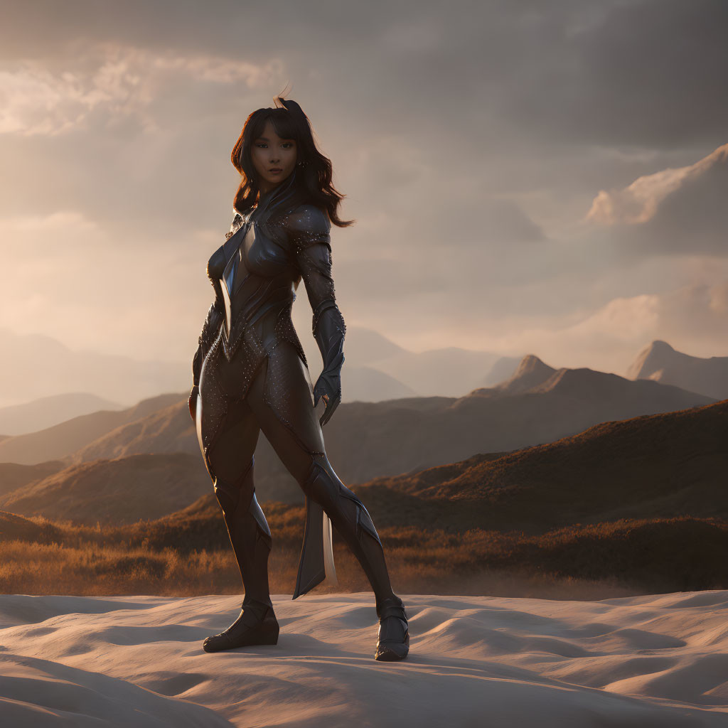 Futuristic armored woman on sandy terrain with mountains and hazy sunset sky