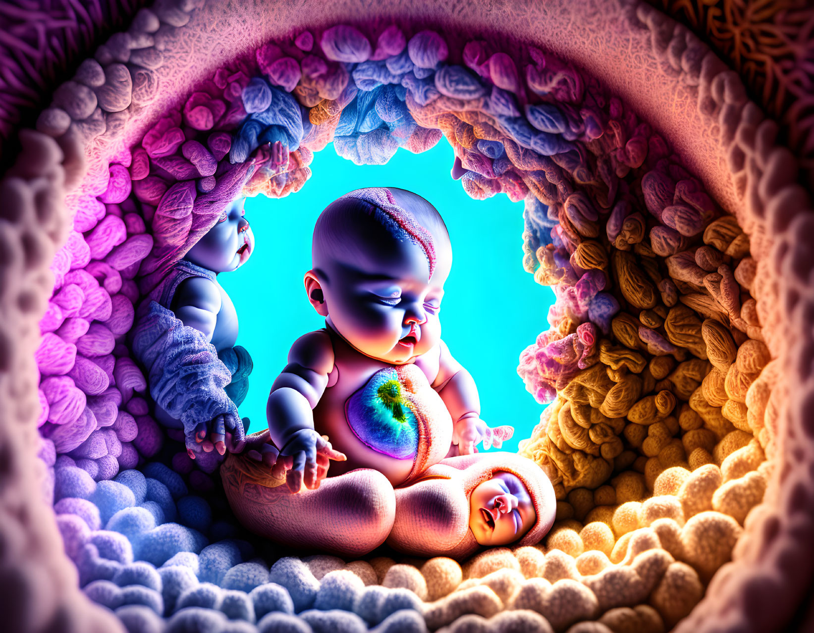 Colorful illustration of two babies in cloud frame with glowing heart