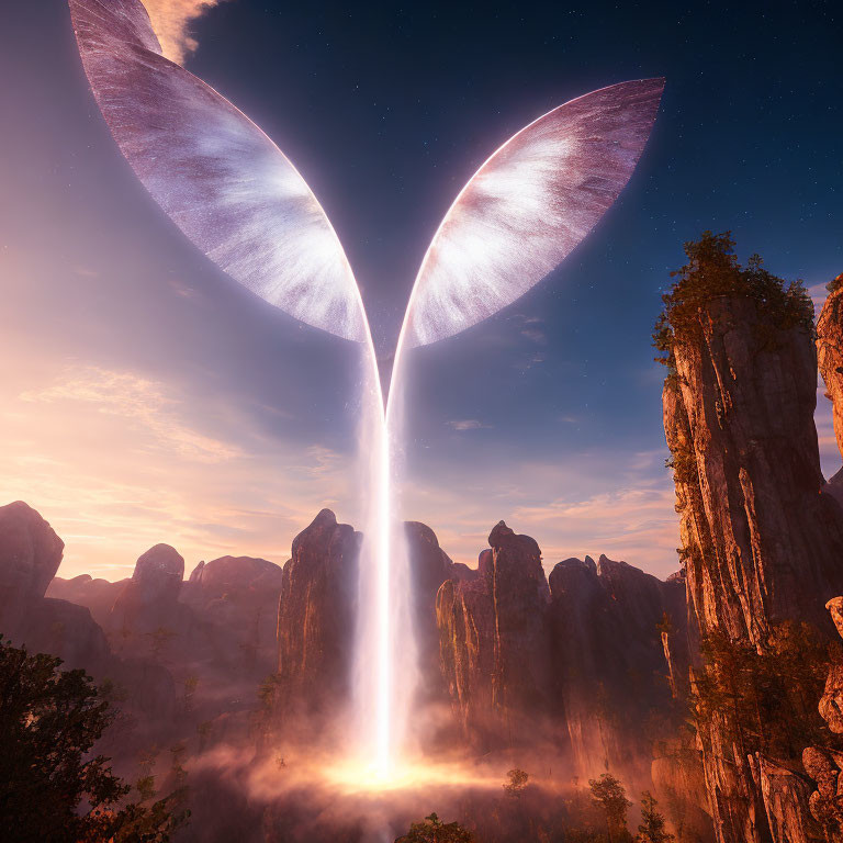 Ethereal split in sky resembles glowing wings above rocky cliffs
