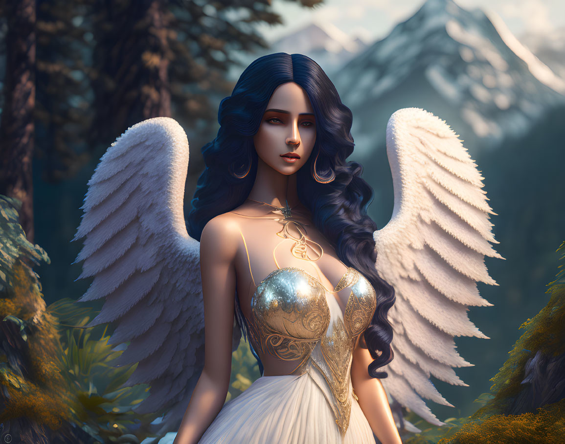 Digital Artwork: Female Figure with White Wings in Forest Setting