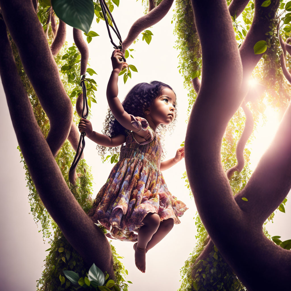 Young girl swinging on vine in forest with twisted tree trunks and sunlight.
