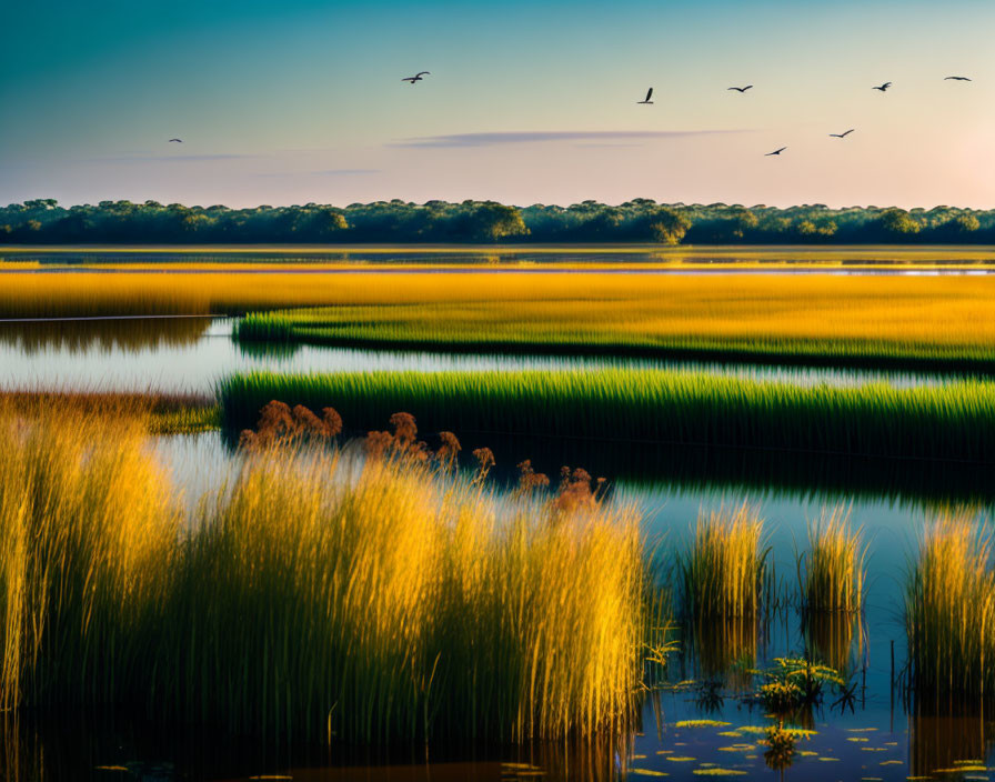 Tranquil wetlands: tall grasses, sunset reflections, birds in clear sky