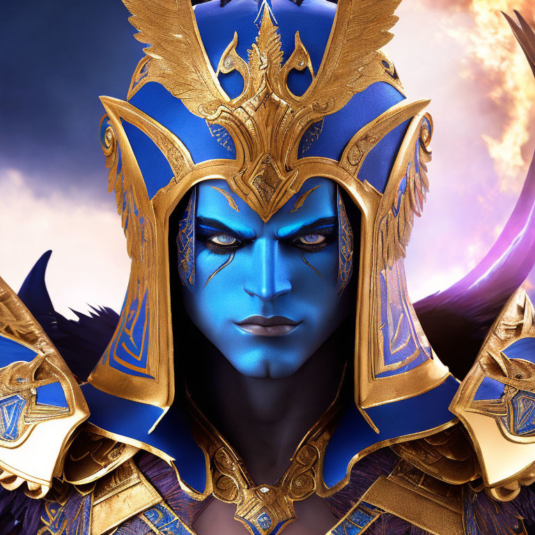 Character with Blue Skin in Ornate Golden Armor on Purple Background