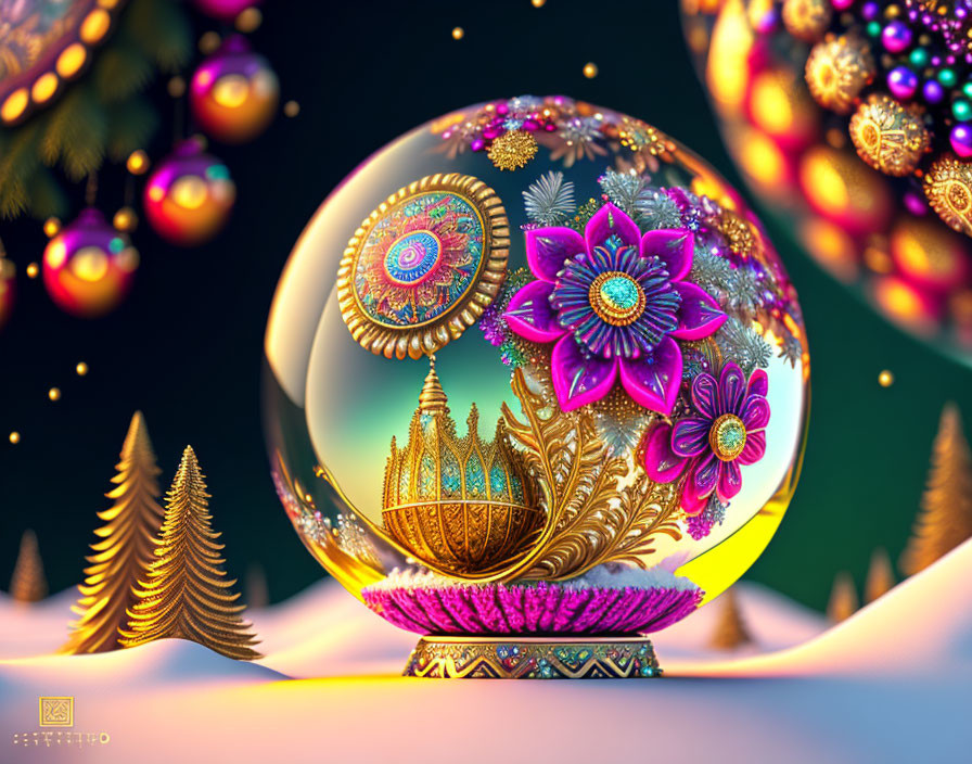 Colorful digital art: Crystal ball, intricate designs, orbs, pine trees, snow landscape