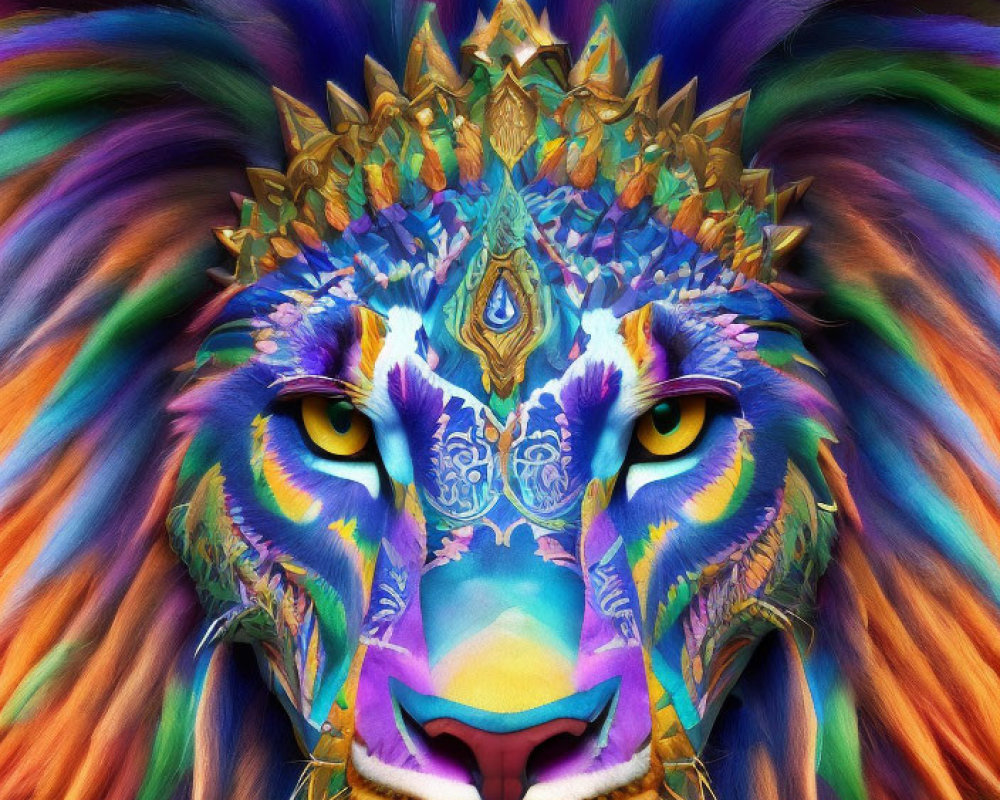 Colorful Lion Face Artwork with Kaleidoscope Patterns