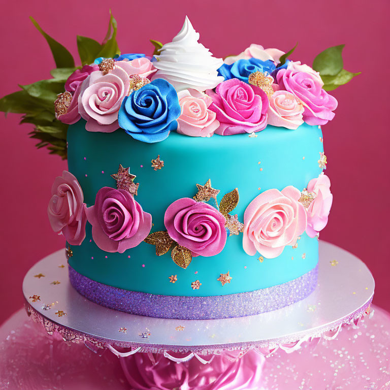 Colorful Fondant Cake with Roses, Gold Stars, and Glitter on Purple Stand