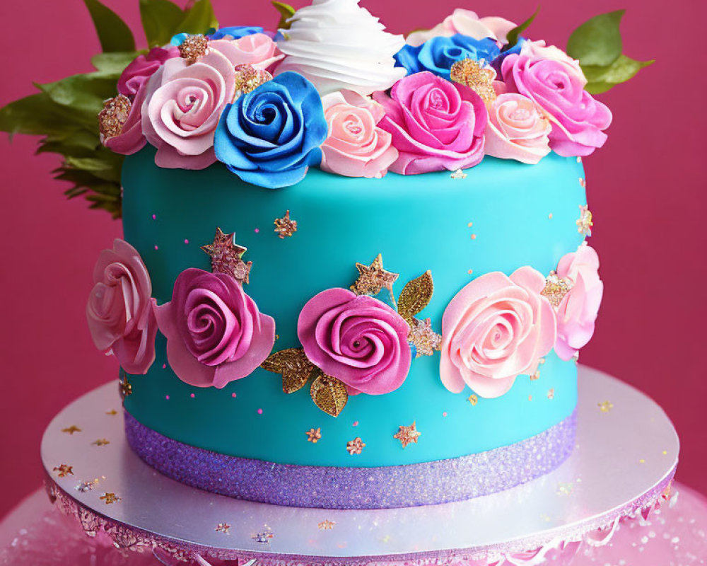 Colorful Fondant Cake with Roses, Gold Stars, and Glitter on Purple Stand
