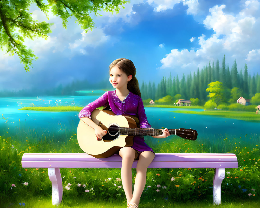 Young girl playing guitar by serene lake surrounded by lush trees and cottages