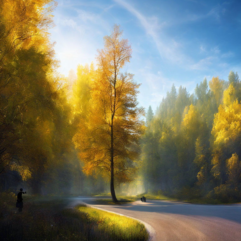 Golden autumn trees and winding road under sunlight with solitary figure admiring serene landscape