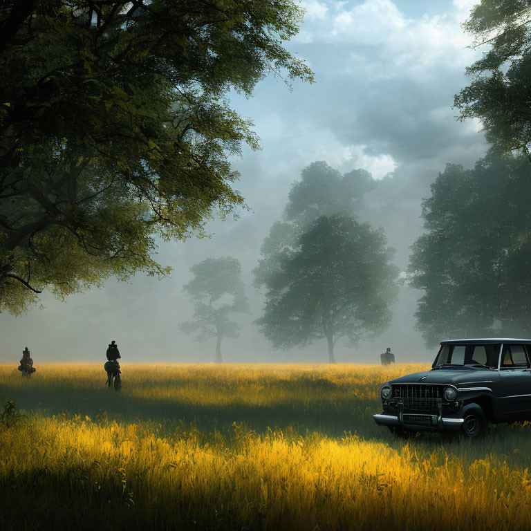 Vintage Car in Misty Field with Golden Grass and Silhouettes