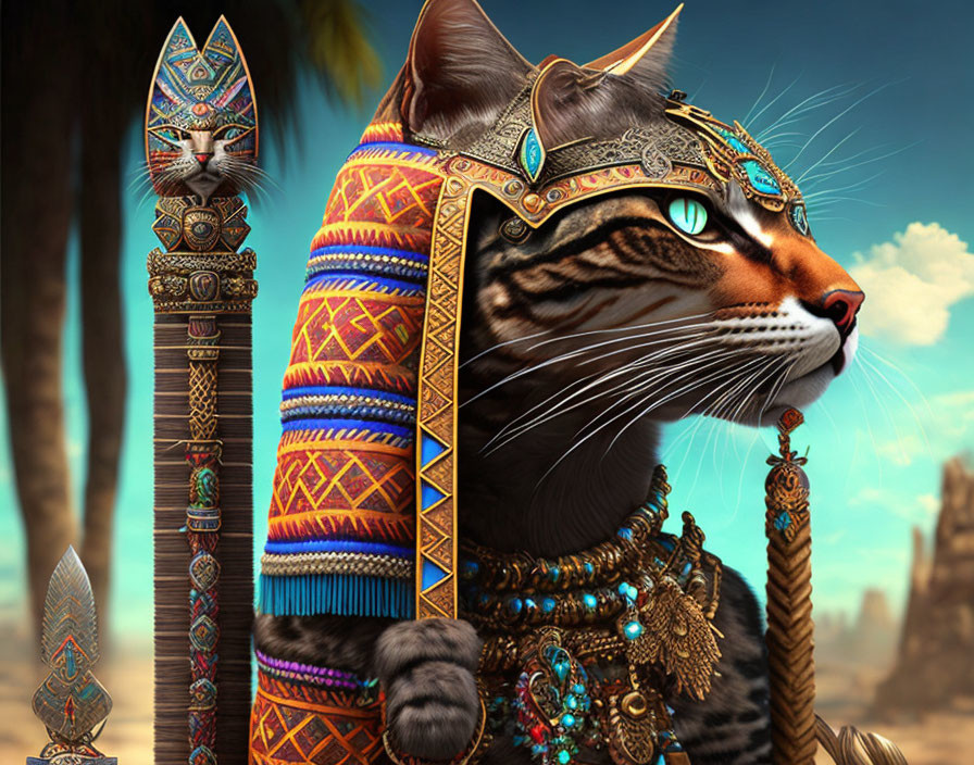 Illustration of Cat in Ancient Egyptian Attire Among Palm Trees