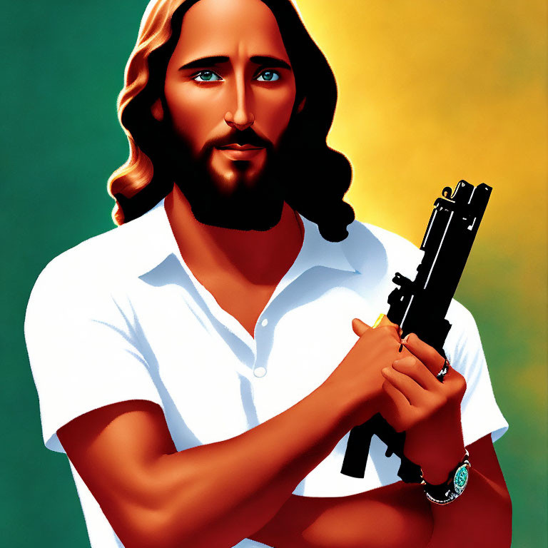 Man with Long Hair and Beard Holding Gun on Tri-Color Gradient Background