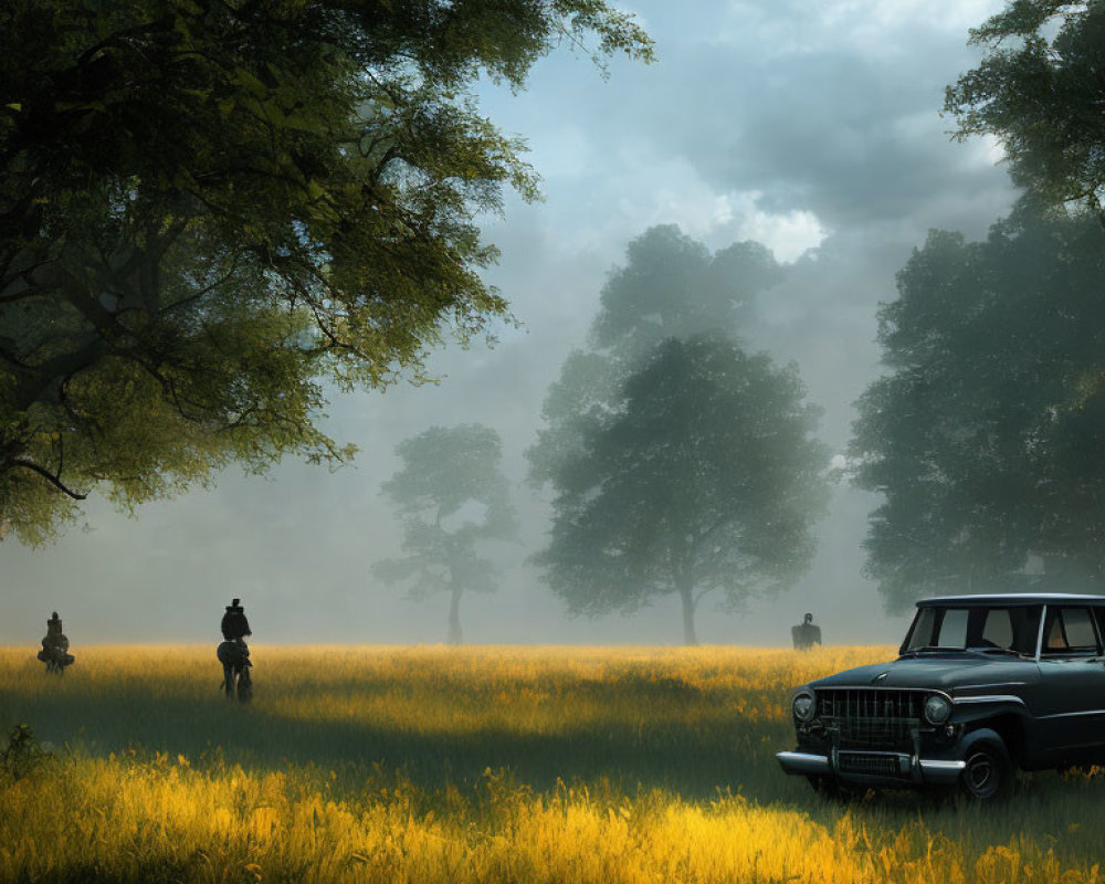 Vintage Car in Misty Field with Golden Grass and Silhouettes